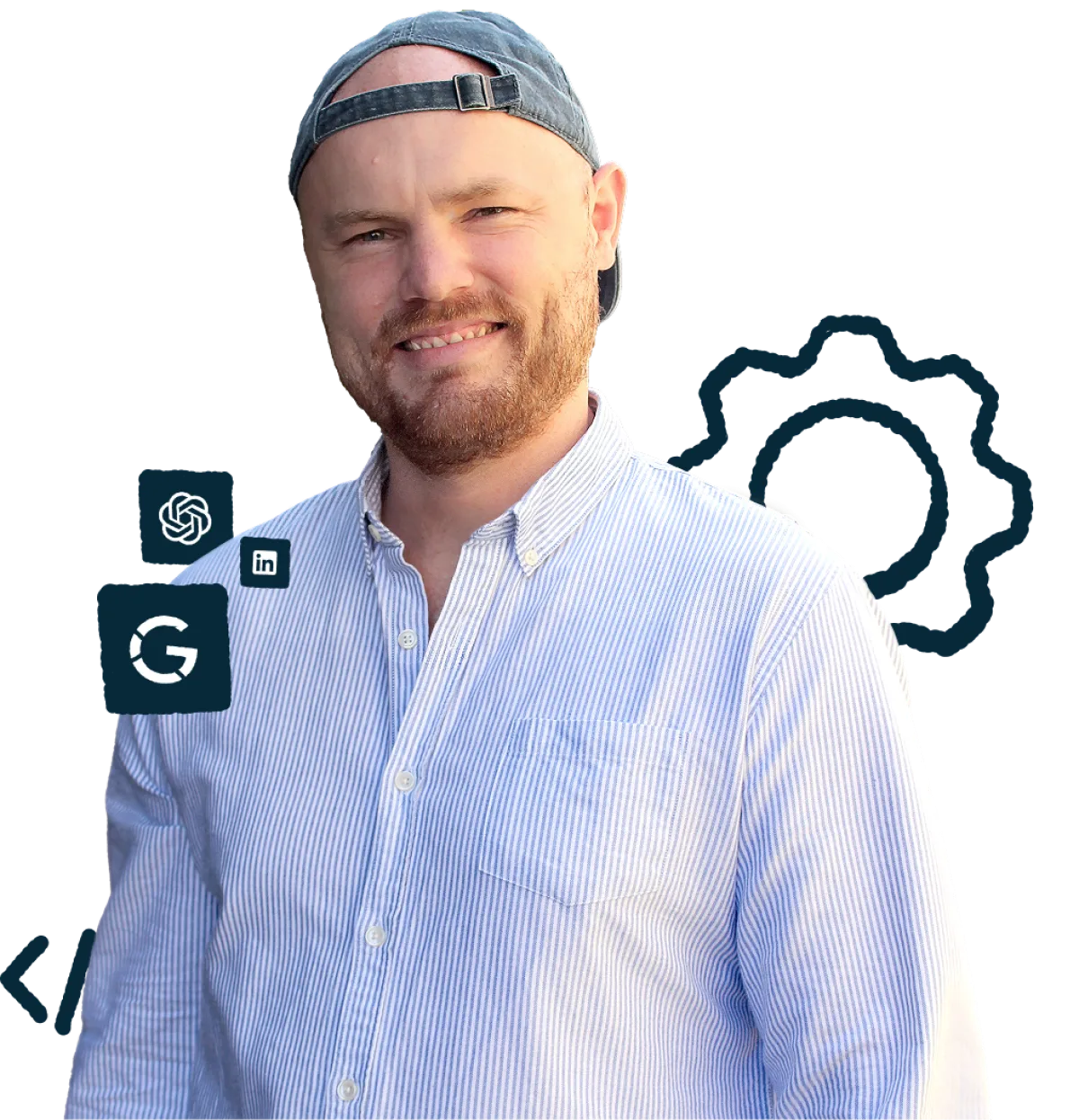 Max Hartung von ElefantEins, umgeben von Symbolen für Google, ChatGPT und Code
