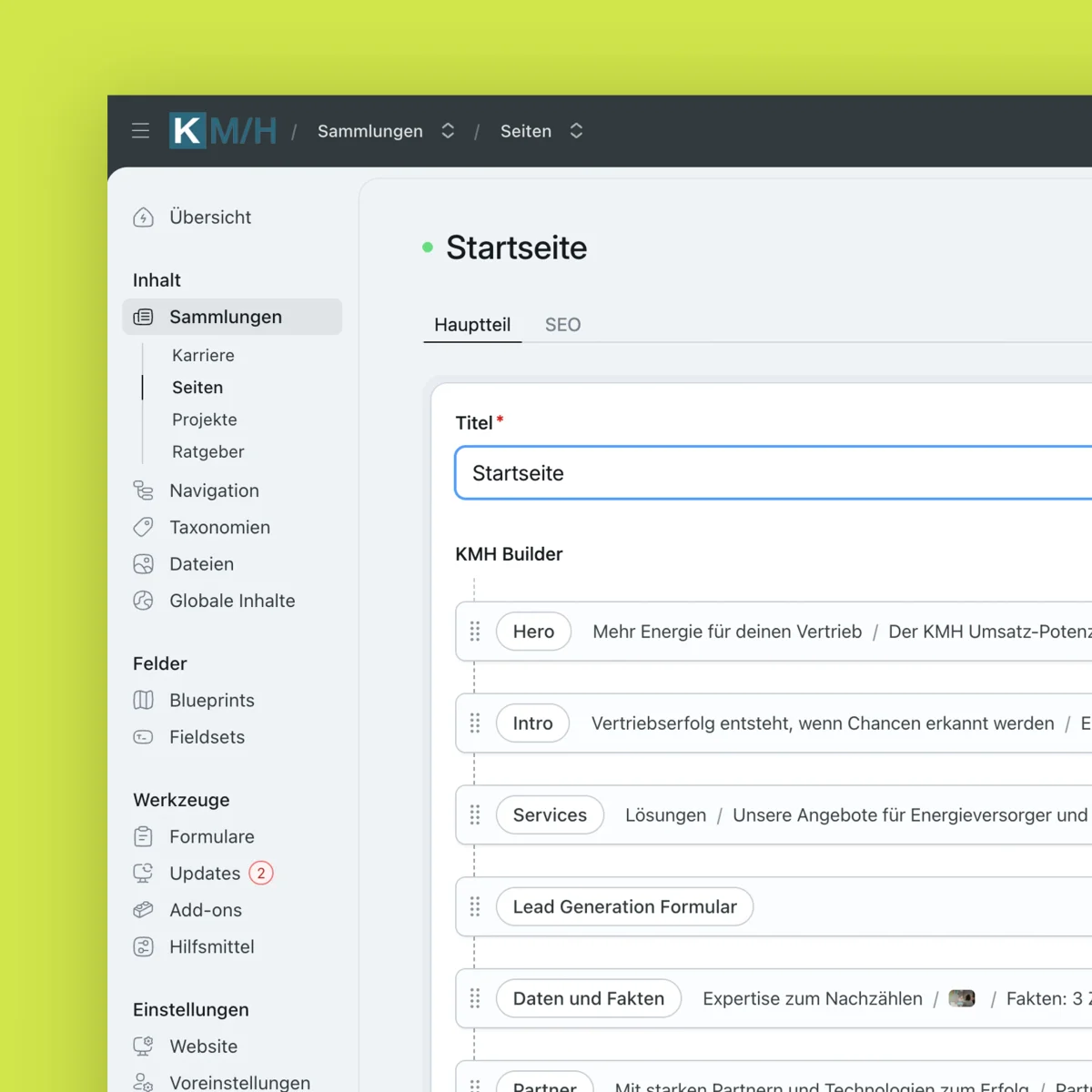 Statamic Backend der KMH Website mit den Modulen der Startseite