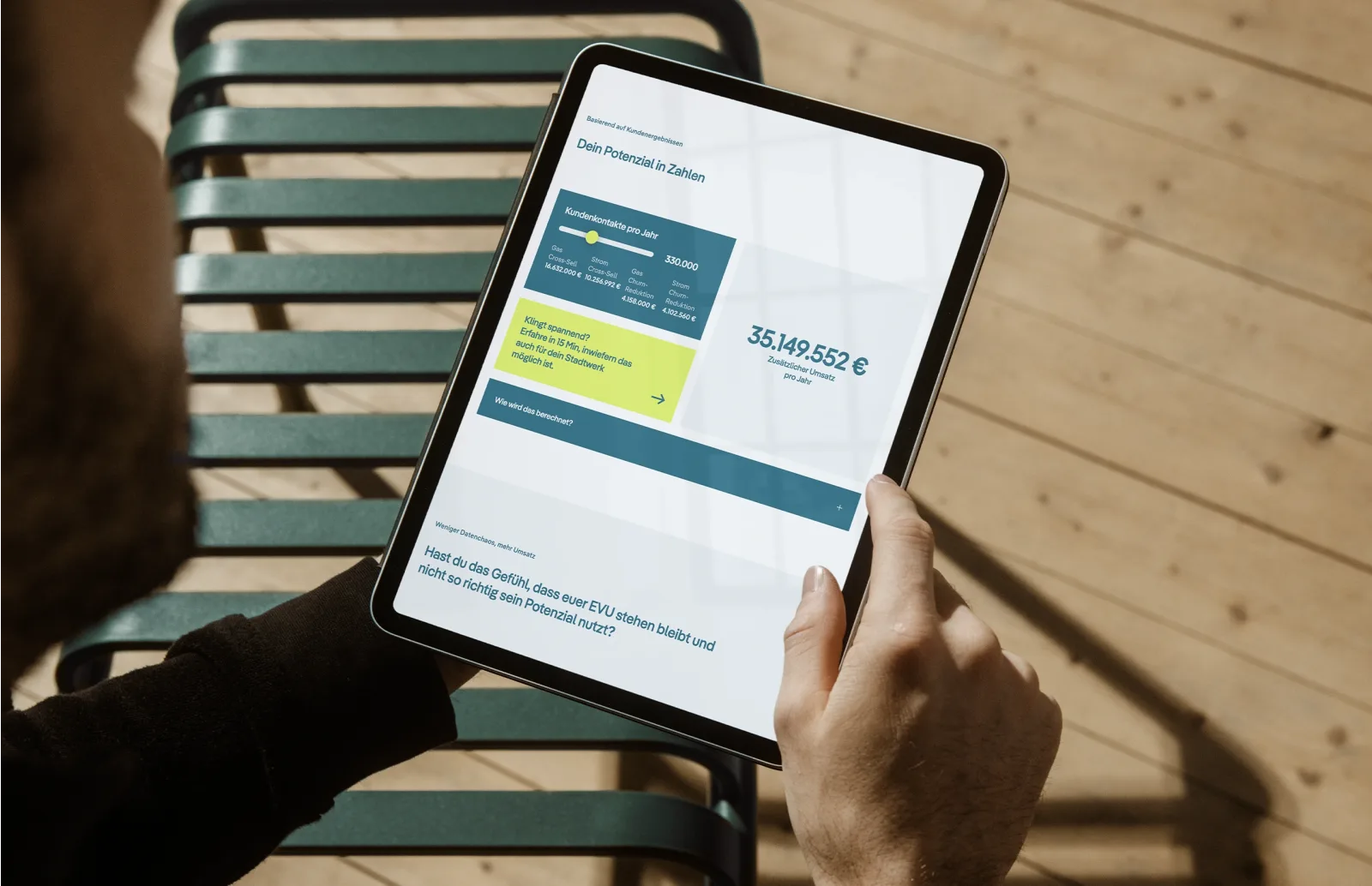 Ergebnis des KMH Umsatz-Potenzial-Rechners mit 35.149.552 Euro auf einem Tablet
