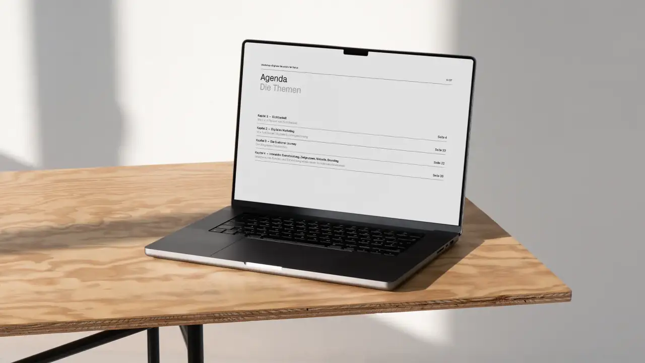Workshop-Agenda mit Sichtbarkeit, Marketing und Customer Journey auf einem MacBook